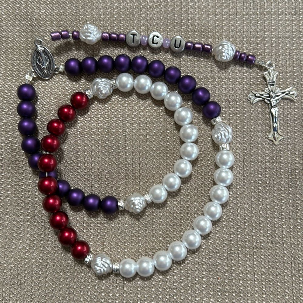 Handmade Rosary. TCU. Painted glass beads and metal alloy and plastic pieces.